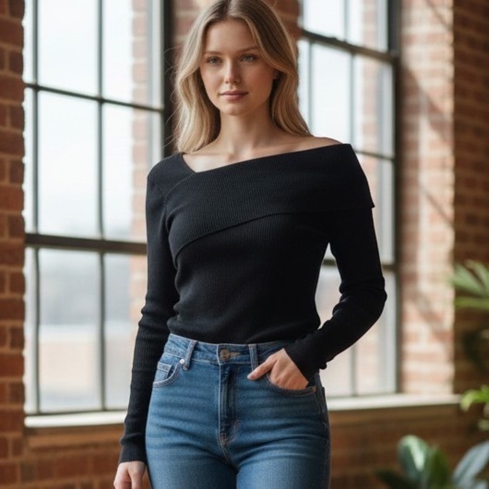 LILLUSORY Top Womens Medium Black Excellent Ribbed Off Shoulder Knit Sweater Y2K